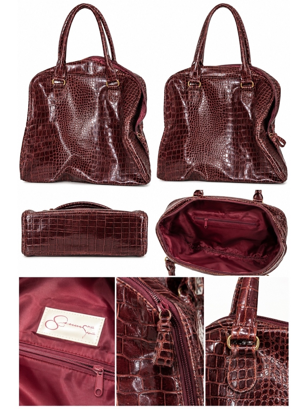 Burgundy crocodile embossed leather tote bag
